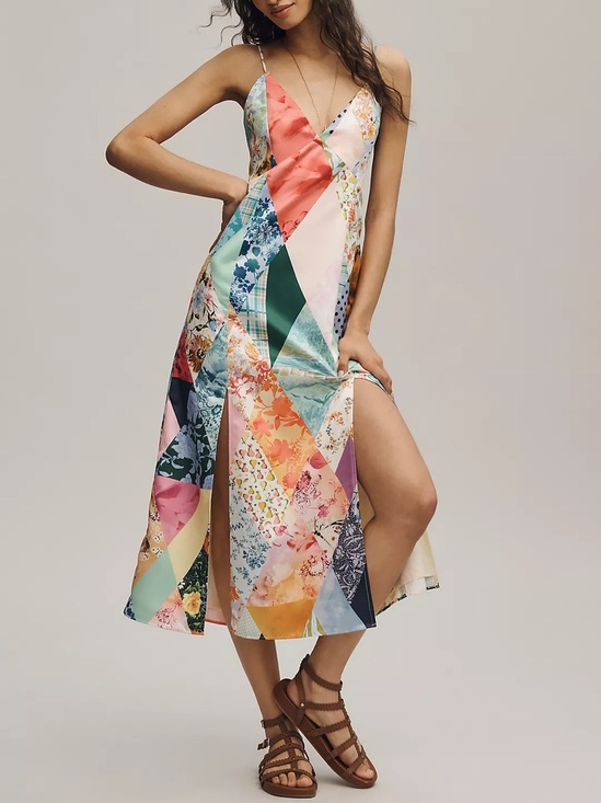 Maeve Dresses & Skirts - Maeve by Anthropologie Patchwork V-Neck Slip Midi Dress Size M
